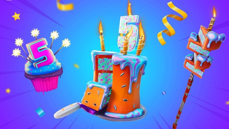 Fortnite 5th birthday cake, pickaxe, and emoticon