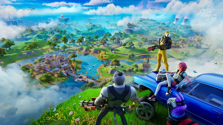 Fortnite characters standing on hill overlooking map