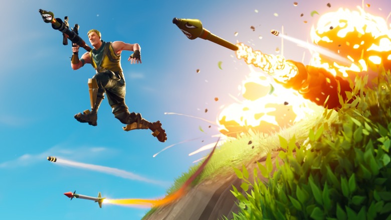 Jonesy jumping and firing rockets in Fortnite