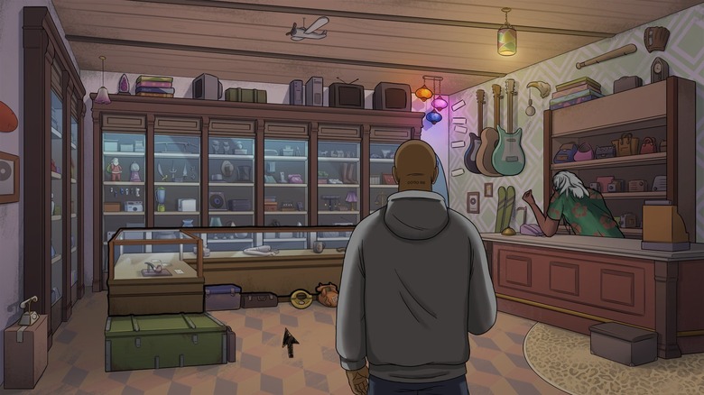 Frank walking into pawn shop