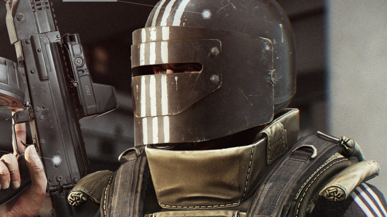 Soldier with giant helmet