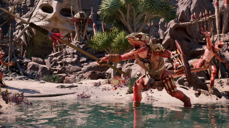 Lizard people tribe charging to attack in "Avowed"