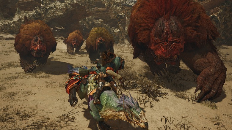 Player fighting a pack of monsters in "Monster Hunter: Wilds"