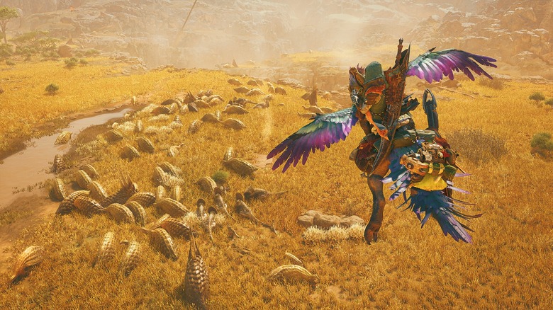 Player riding a bird creature in Monster Hunter Wilds