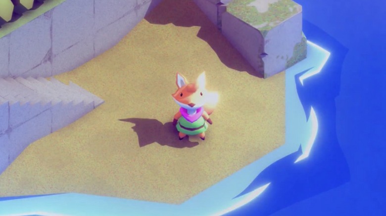 The fox from Tunic standing near water