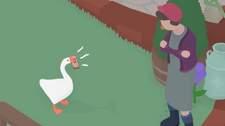 The goose from Untitled Goose Game honking at a person