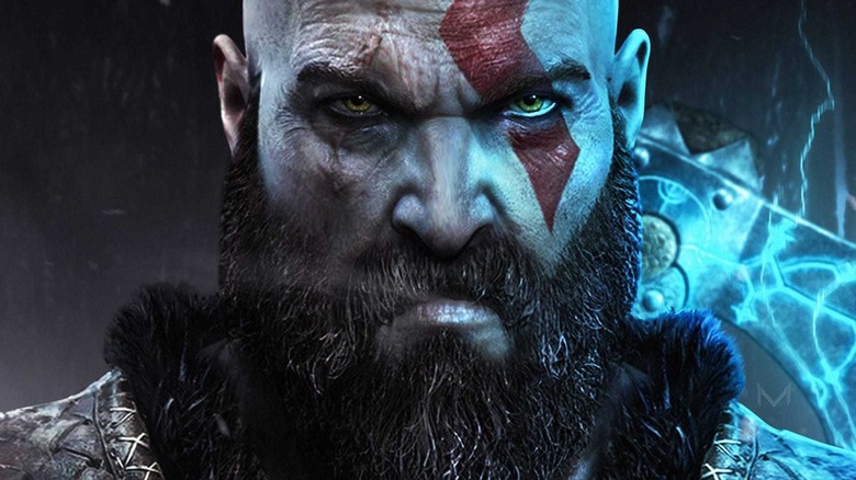 Kratos frowning in rain