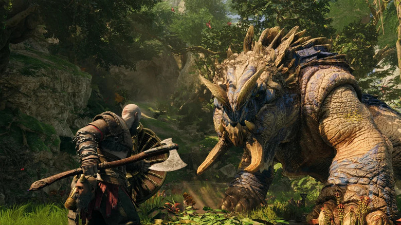 God of War Ragnarok Kratos fighting big beast