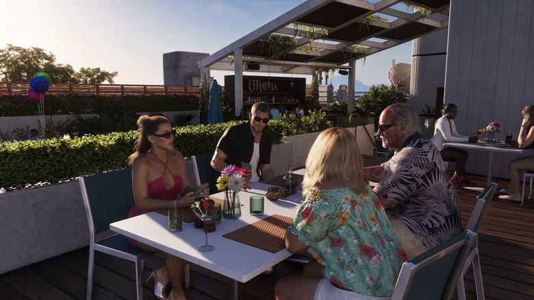 Jason and Lucia having a rooftop meeting in Grand Theft Auto VI