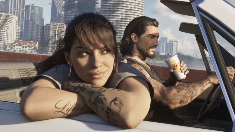 Lucia and Jason in a convertible in Grand Theft Auto VI