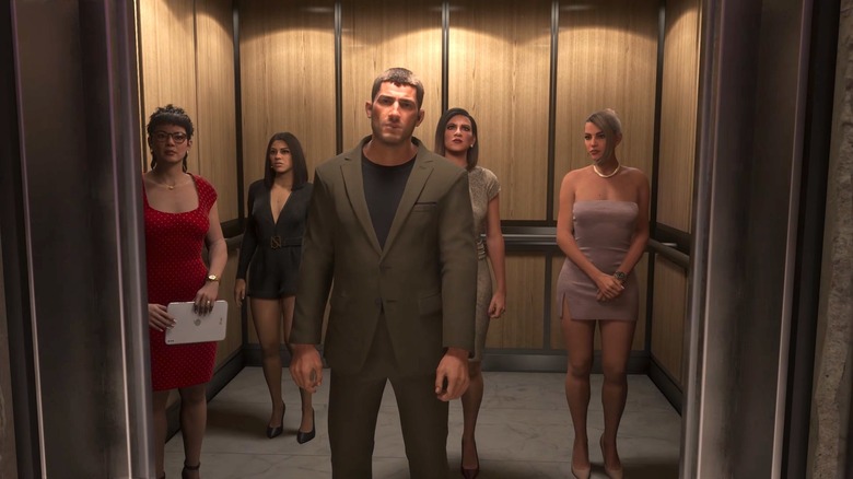 Jason riding an elevator with fancy ladies in Grand Theft Auto VI