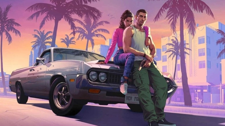 Jason and Lucia leaning on a car in Vice City in GTA 6