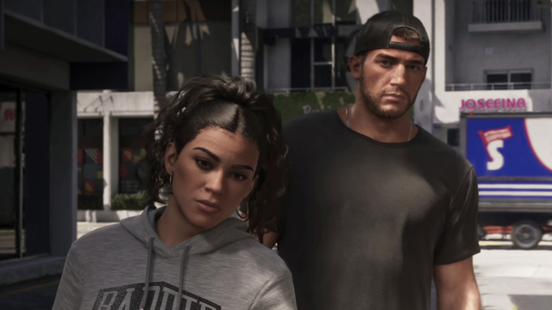 GTA 6 characters Jason and Lucia staring at something