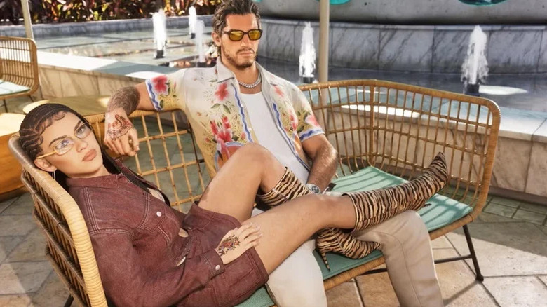 Lucia and Jason hanging out on a bench in GTA VI