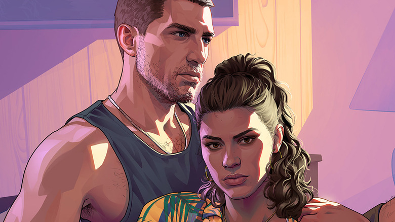 Jason Duval and Lucia Caminos sit together in artwork for Grand Theft Auto 6