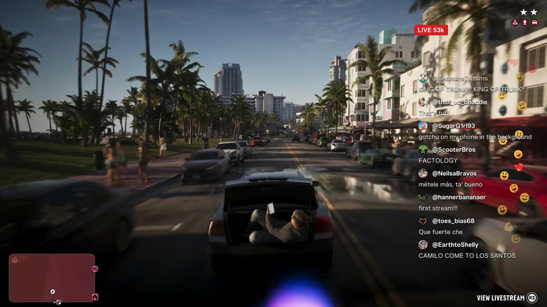 A car races through Vice City as a streamer hangs out the trunk in Grand Theft Auto 6