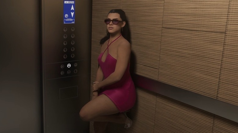 Lucia standing in an elevator in Grand Theft Auto VI