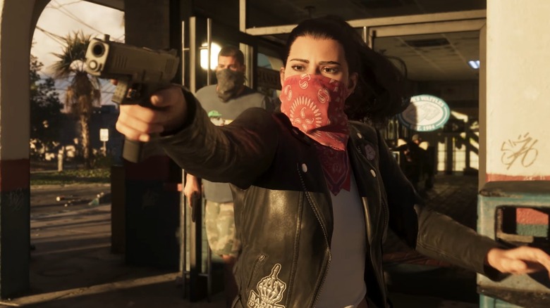 A masked Lucia drawing her gun in GTA VI with Jason in the background