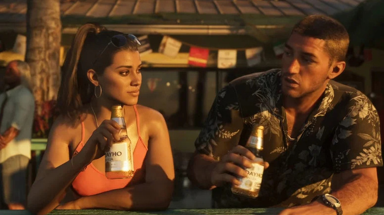 Jason Duval and Lucia Caminos are seen in closeup in promotional art for Grand Theft Auto 6