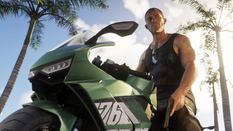 Jason Duval sits on a motorbike in Grand Theft Auto 6
