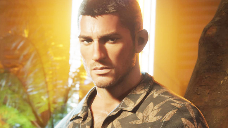 Jason Duval is seen in closeup as he leans against a palm tree in Grand Theft Auto 6