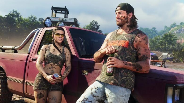 Jason and Lucia leaning up against a muddy car in GTA 6