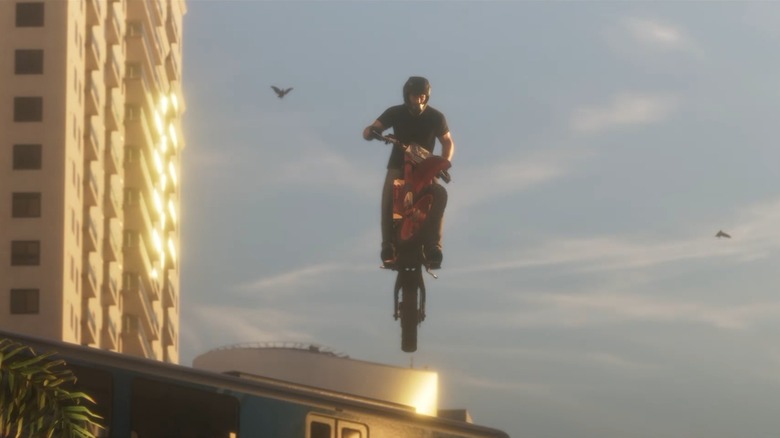Jason performing a stunt on a dirt bike in GTA 6