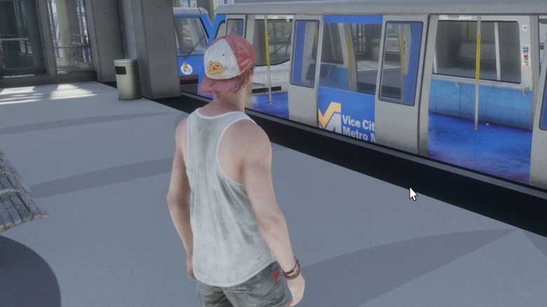 GTA Player Character walking through a train terminal 