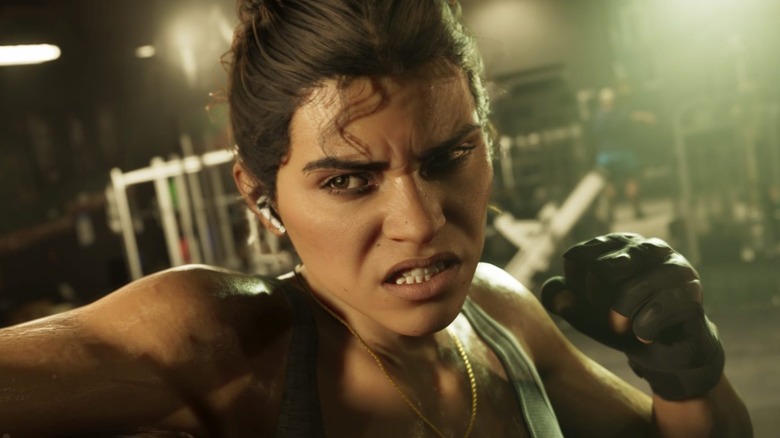Lucia throwing a punch in a boxing gym in "Grand Theft Auto 6"