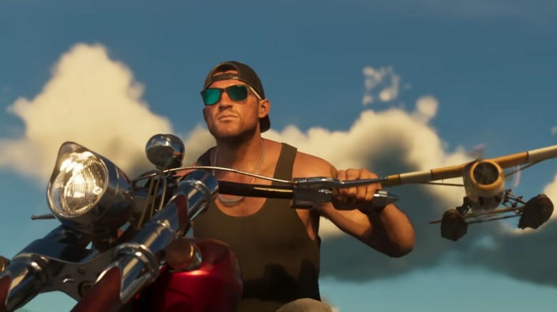 Jason riding a motorcycle and being followed by a plane in "GTA 6"