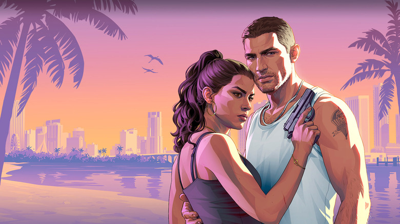 Jason and Lucia standing together against a Vice City background