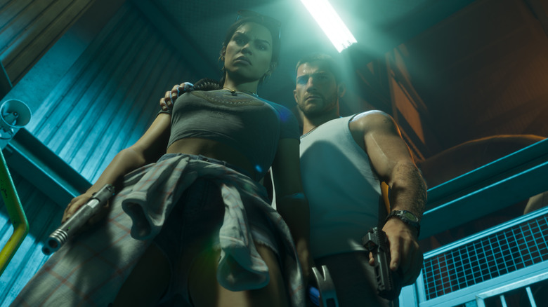 Lucia and Jason looking down at the camera in Grand Theft Auto 6