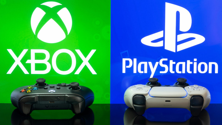 Xbox and PlayStation controllers sitting side by side