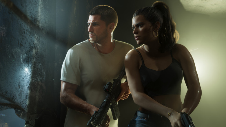 Jason and Lucia holding guns and looking through a window in Grand Theft Auto 6