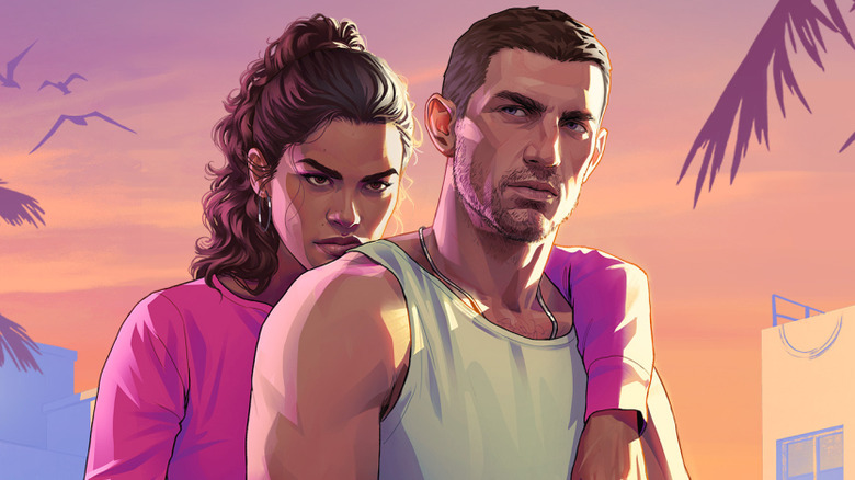 Lucia and Jason leaning on the hood of a car in GTA 6 art