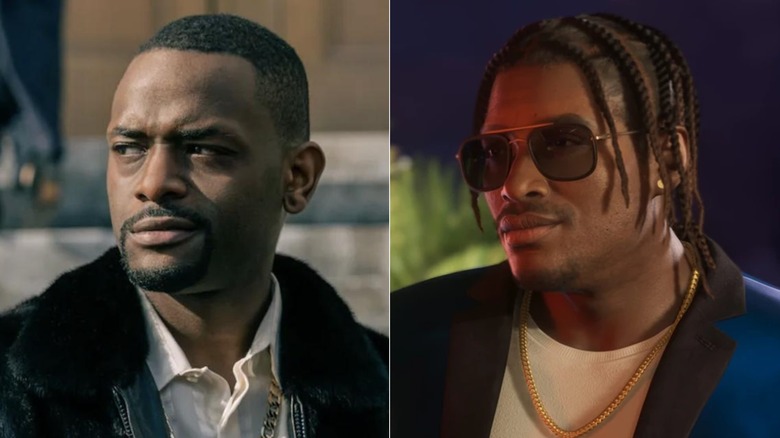 Abraham Drew wearing a fur coat in Raising Kanan, Dre'Quan wearing sunglasses in GTA 6