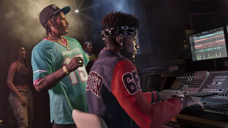 Characters in a recording studio in Grand Theft Auto 6