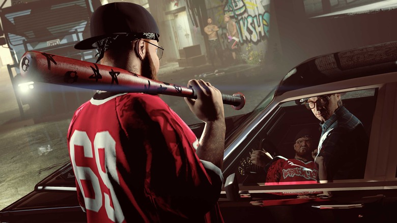 man with baseball bat looking at car GTA Online