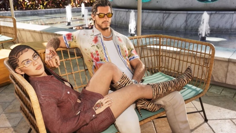 Lucia sitting with her legs on Jason's lap in Grand Theft Auto 6