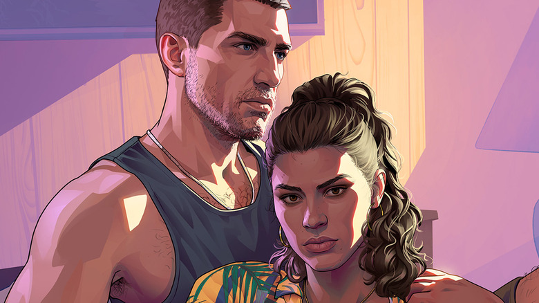 Jason Duval and Lucia Caminos sit together in artwork for Grand Theft Auto 6