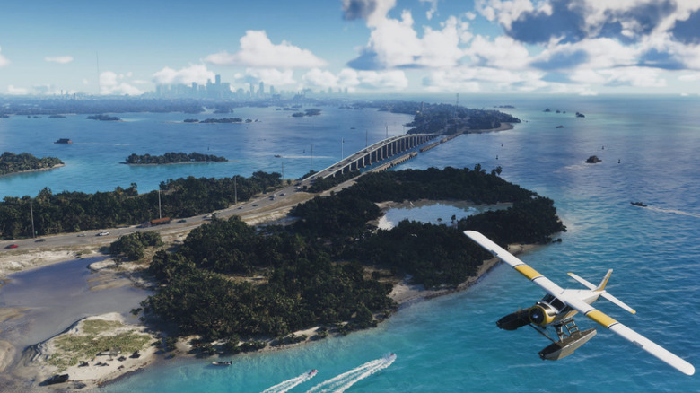 A plane flies over the Leonida Keys in Grand Theft Auto 6
