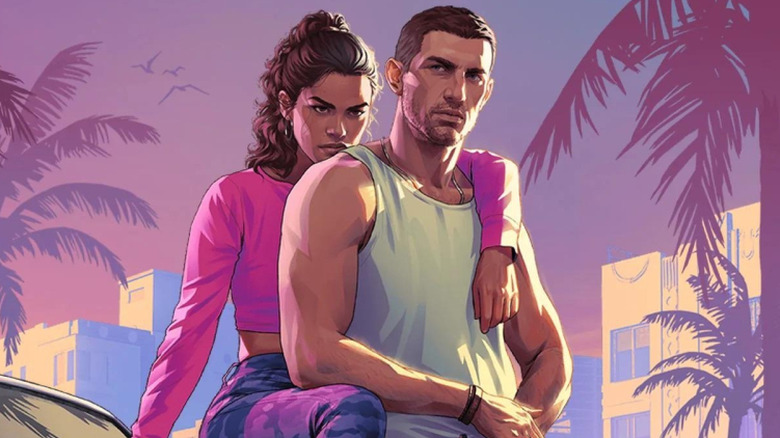 Lucia Caminos embraces Jason Duval from behind in promotional artwork for Grand Theft Auto VI