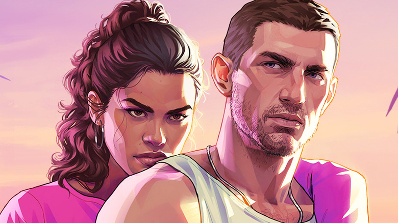 Lucia Caminos rests her arm on the shoulder of Jason Duval in artwork for "Grand Theft Auto 6"
