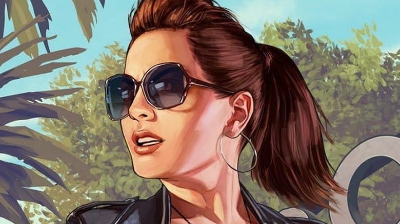 Woman in sunglasses turning