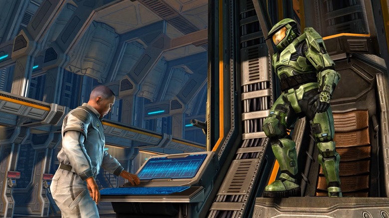 Master Chief stepping off a machine in "Halo: Combat Evolved"
