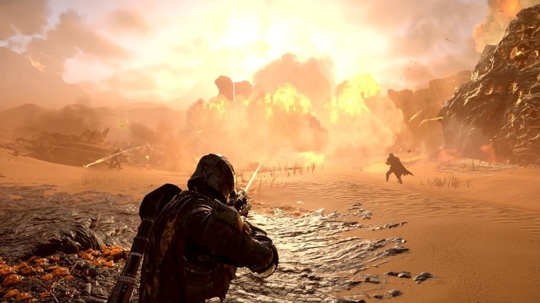 Helldivers running toward explosion