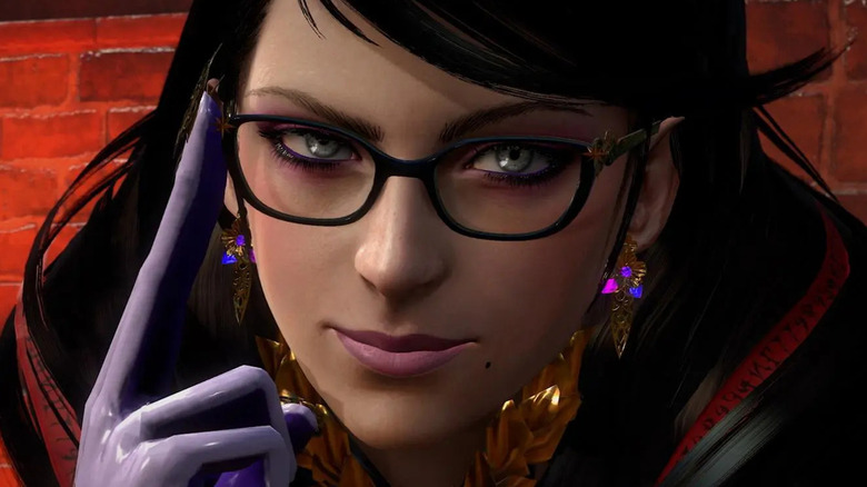 Bayonetta adjusting glasses in Bayonetta 3