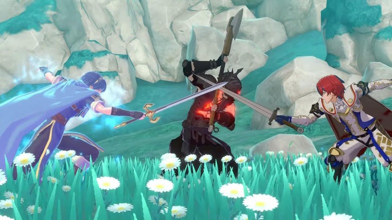 Male Alear and Marth attacking enemy