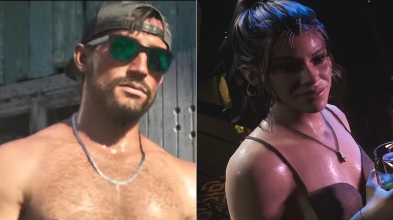 Side by side of Jason and Lucia being sweaty in "GTA 6" (2026)