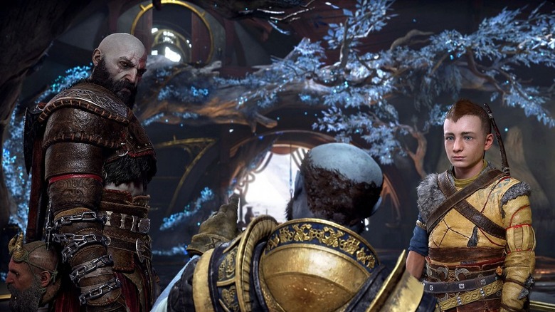 Kratos, Mimir, Atreus, and Brok speaking inside of Sindri's house in God of War Ragnarok